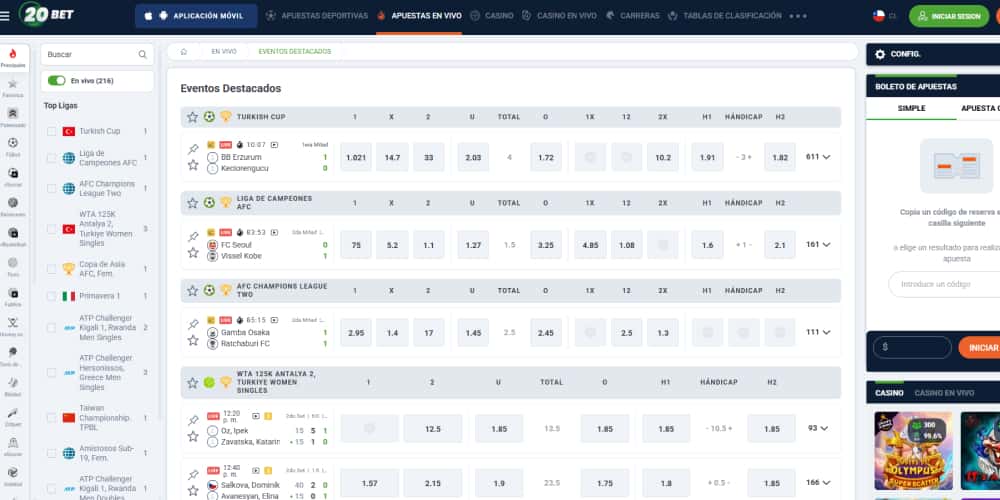 20Bet mercados en directo