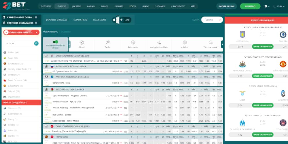 22Bet apuestas en vivo
